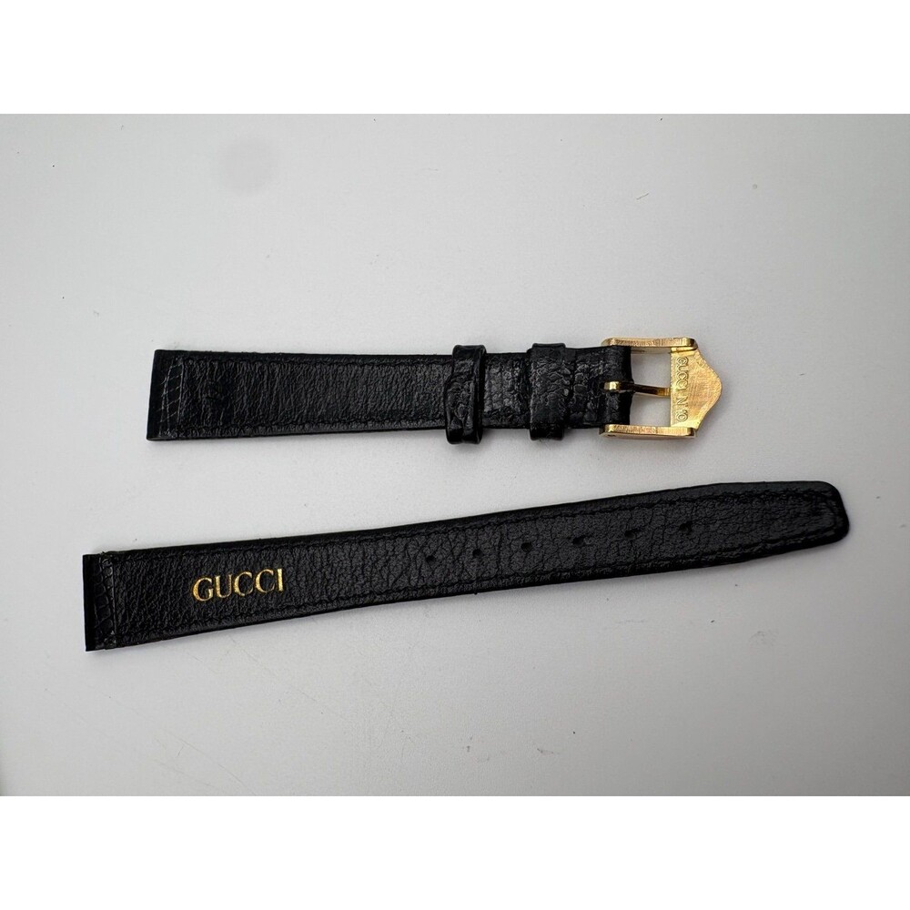 Vintage Gucci 14mm Black Lizard Leather Watch Strap Band Gold GG Buckle N 10